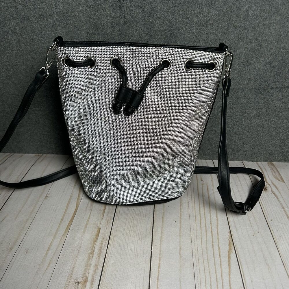 Women Rhinestone Silver Lightweight Evening Party Wedding Crossbody Bucket Bag